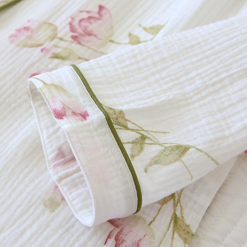 Женский пасторальный пижамный комплект - Длинный рукав, Двухслойный креп, Чистая хлопковая марля для весны, лета, осени.