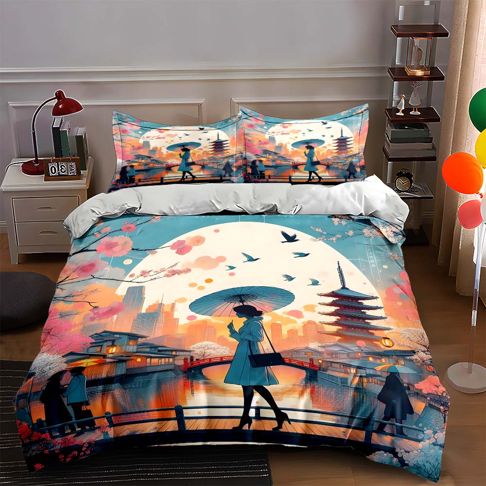 Elegant cityscape illustration. Bedding Duvet cover sets Duvet covers Pillowcases gifts (1 * Duvet Cover 2 * Pillowcases, without duvet insert)