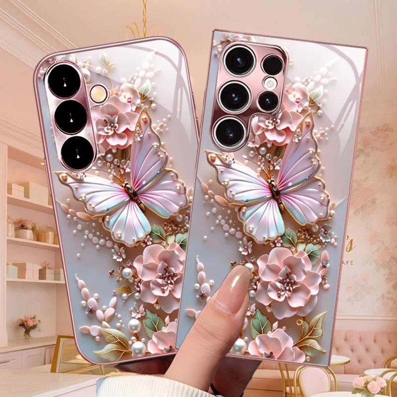 Pearl Flower Butterfly fashion phone cases mobile phones Glass phone case for Samsung Galaxy S26 S25 S24 S23 S22 FE Ultra Plus