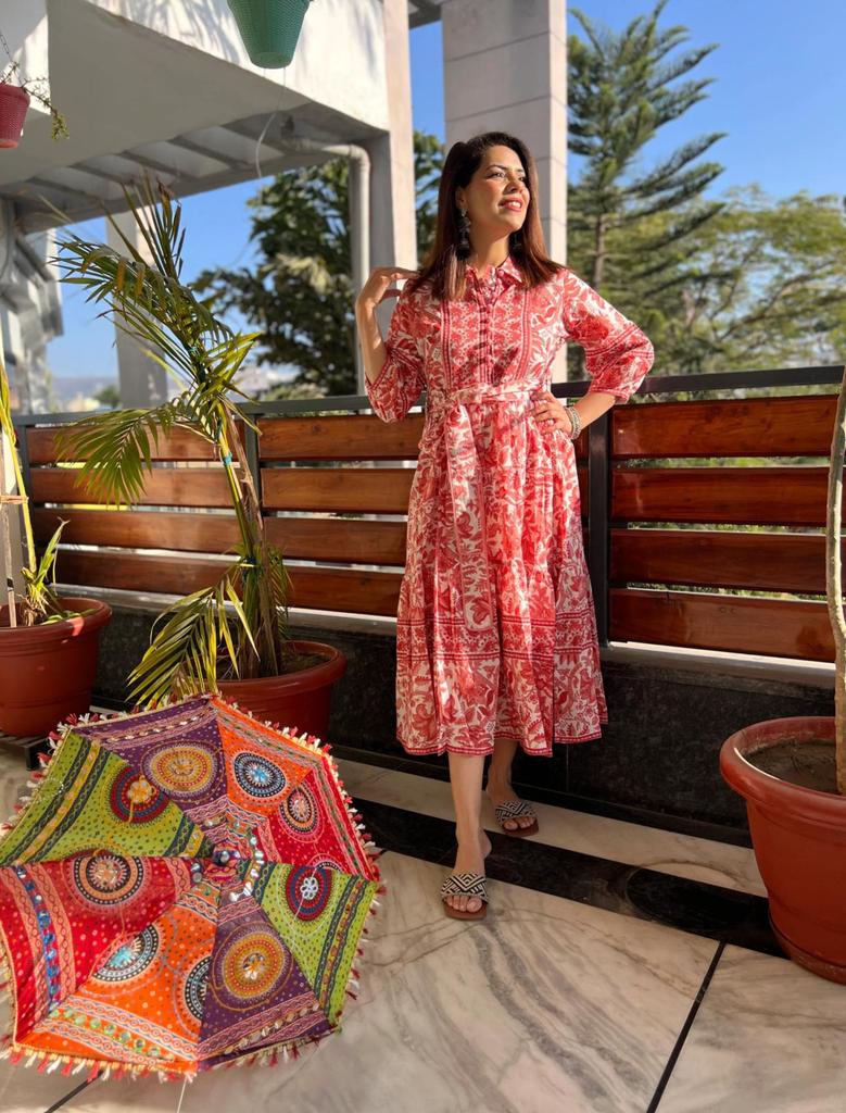 HandBlock Print Dress Jaipur Morni Cotton Summer Midi Dress White Coral Cotton Shirt Dress with Belt,pockets