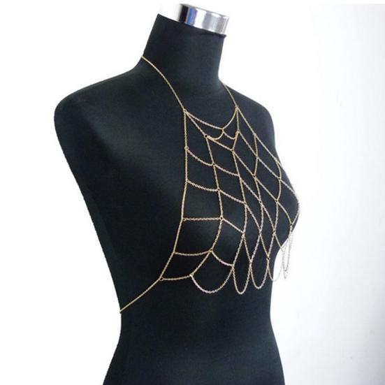 Body Chain Geometric Sexy Hollow Out Crossover Electroplating Dress Up Vacation Gift Women Mesh Bikini Bra Chain Harness Necklace Jewelry Beach Wear
