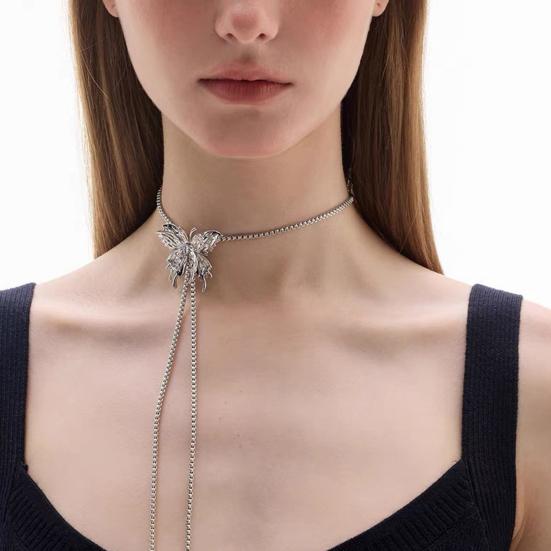 Женское ожерелье с бабочкой и розой, длинная кисточка, регулируемая, гальванизированная подвеска, нагрудная цепочка, ключица