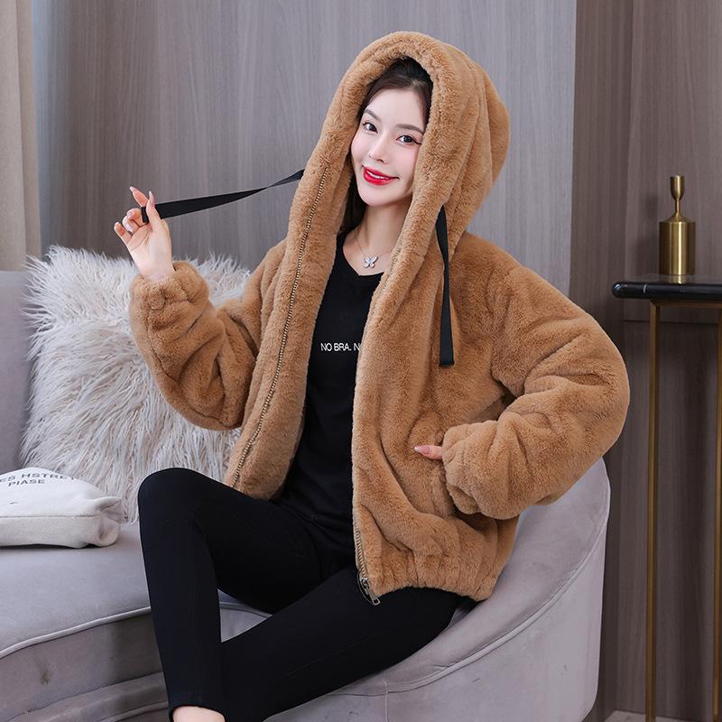 Плюшевая и толстая куртка с капюшоном из кроличьей шерсти для женщин, короткая зимняя новая свободная плюшевая куртка с длинными рукавами