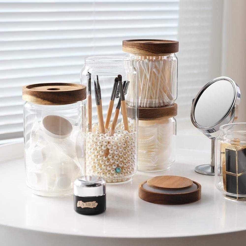 Clear Glass Food Storage Jar Wooden Lid Tea Storage Holder Multi-Use Airtight Canisters Sugar