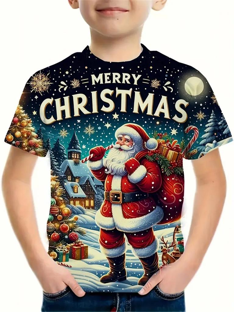 Рождественская одежда 2025 года Футболки для мальчиков и девочек Новогодние футболки Повседневная детская одежда с принтом Санта-Клауса Футболка