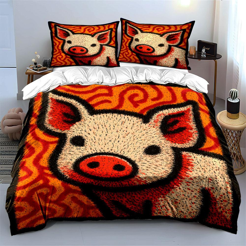 Cute Pig with Abstract Background Print Bedding Set 1 Duvet Cover 2 Pillowcases for Adult and Children Luxury Gift Full Size
