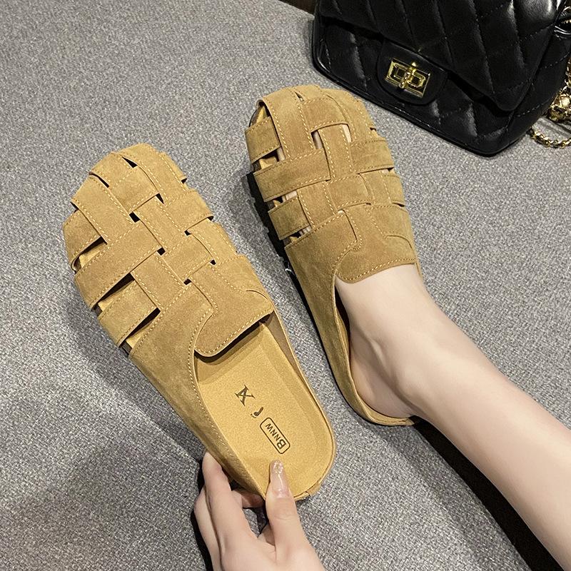 Baotou Half Slippers Women's Summer Outer Wear 2025 New Retro Woven Hollow Breathable Comfortable Flat Bottom Lazy Sandals