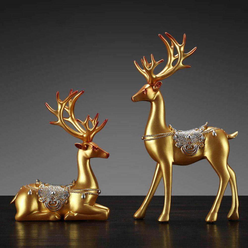 2pcs Modern Elk Statue Resin Animal Sculpture Couple Deer Ornaments Micro Landscape