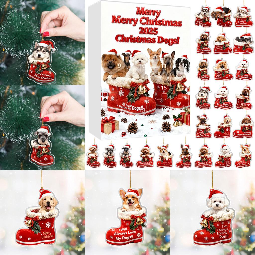 Рождественский адвент-календарь для собак 24 рождественских украшения на собачью тематику Праздничный календарь обратного отсчета Собаки в красных ботинках Идеально для любителей домашних животных, владельцев домашних животных
