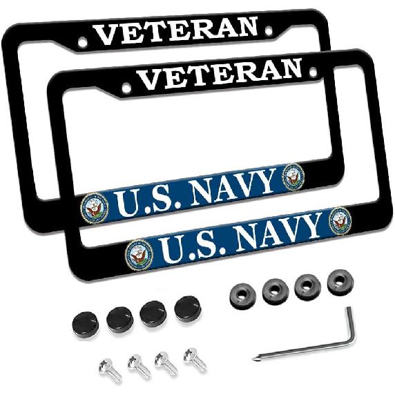 2 Pcs License Plate Frame for U.S. Army Veteran Black Matte Aluminum Car Plate Cover Holders with Screw Caps