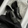 Cowhide Version~ Square Head Retro British Black Small Leather Shoes, Women's Commuting One-pedal Loafers Temperament Thick Heel Single Shoes