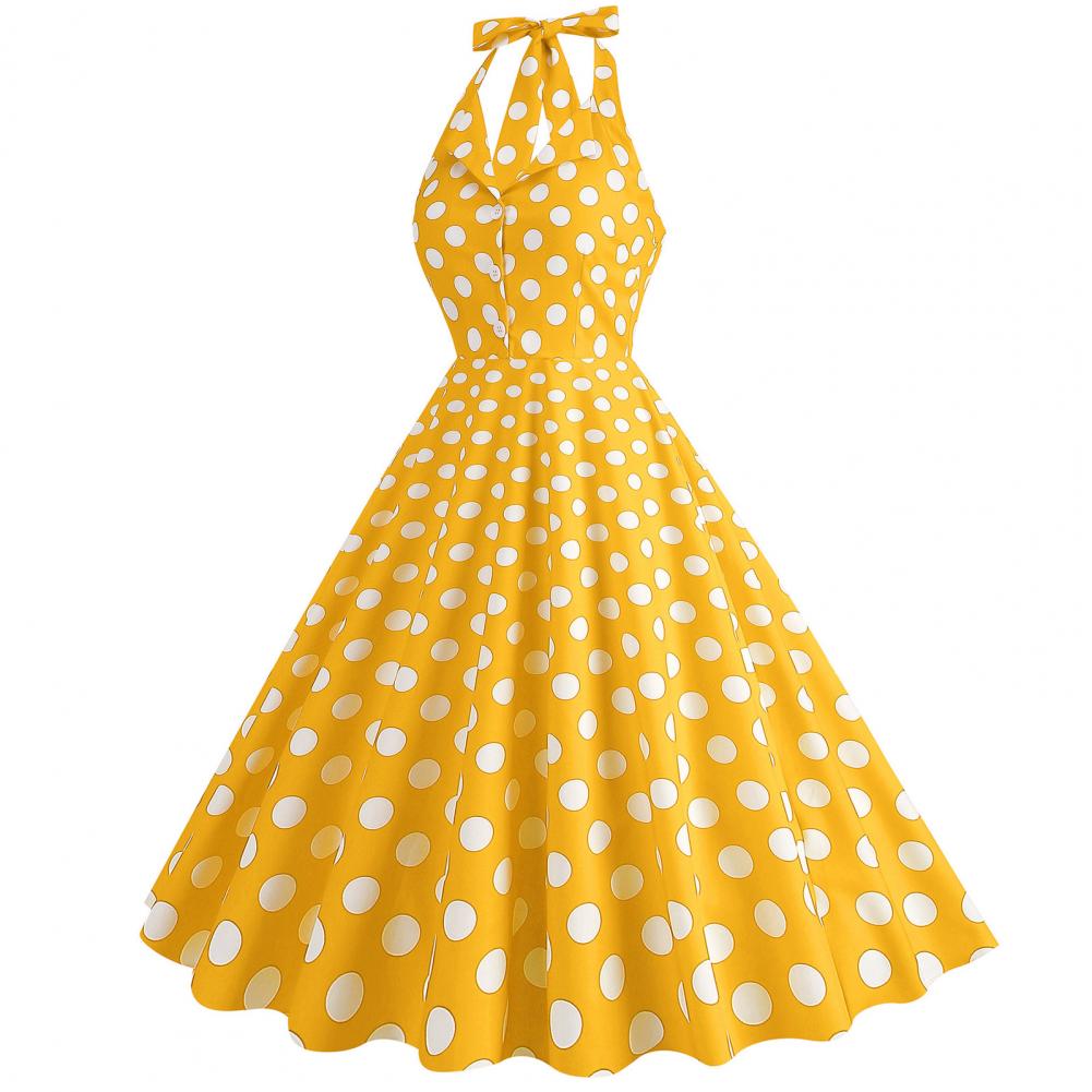 Женское вечернее платье в стиле ретро с принтом в горошек, А-силуэта, с открытой спиной, с вырезом-халтер и V-образным вырезом, облегающее, с высокой талией, на пуговицах