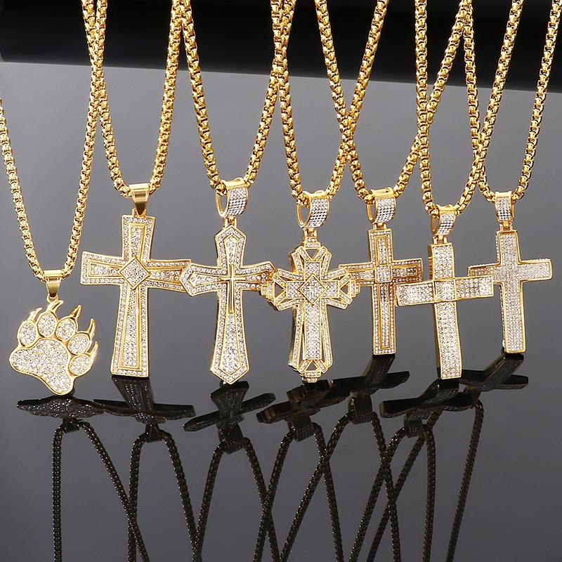 Hip Hop Gold Color Zirconia Dog Paw Pendant Necklace for Men Larger Cross Stainless Steel Jewelry Rock Women's Accessory Gift