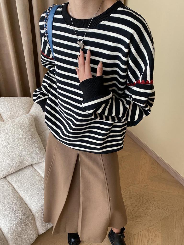 Синан Французский Полосатый Контрастный Круглый вырез Свободный Плюс Бархатный Свитшот SN4694