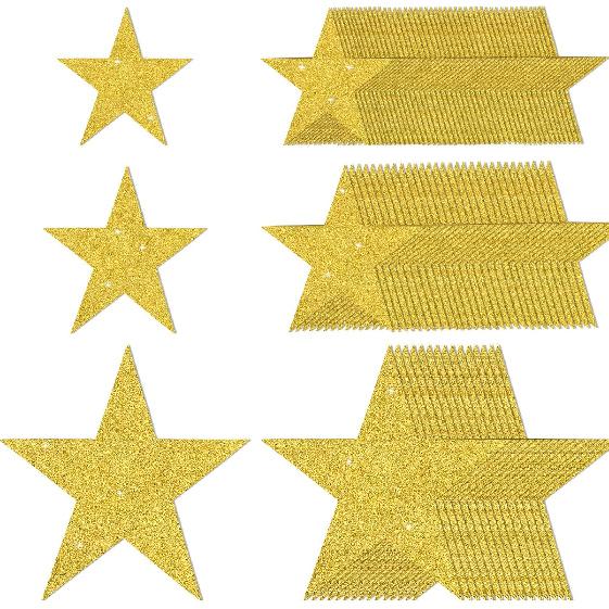 JUNEBRUSHS 90Pcs Star Cutouts, Double Printed 3 Sizes Gold Glitter Star Paper Cutouts for Bulletin Board Classroom Wall Decorations