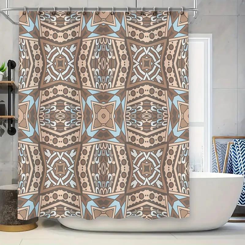 Modern geometric bathroom shower curtain with blue accents for a stylish update in your home's decor.
