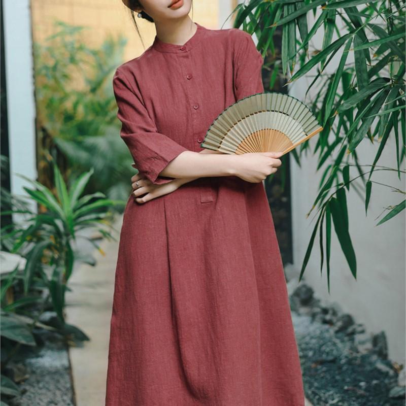 Johnature Женские винтажные весенние платья с семью рукавами, стойкой, пуговицами, карманами и трапециевидными карманами