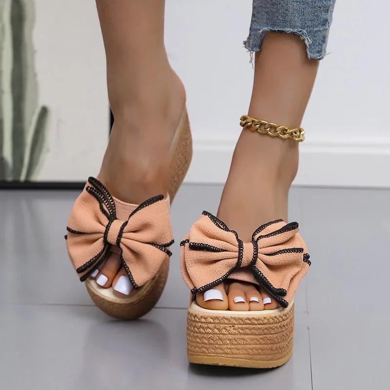 2024 Hot Seller Women Slippers Fashion Toe Summer Shoes Butterfly-knot High Heels Women Slides Platform Wedges Ladies Women Shoe