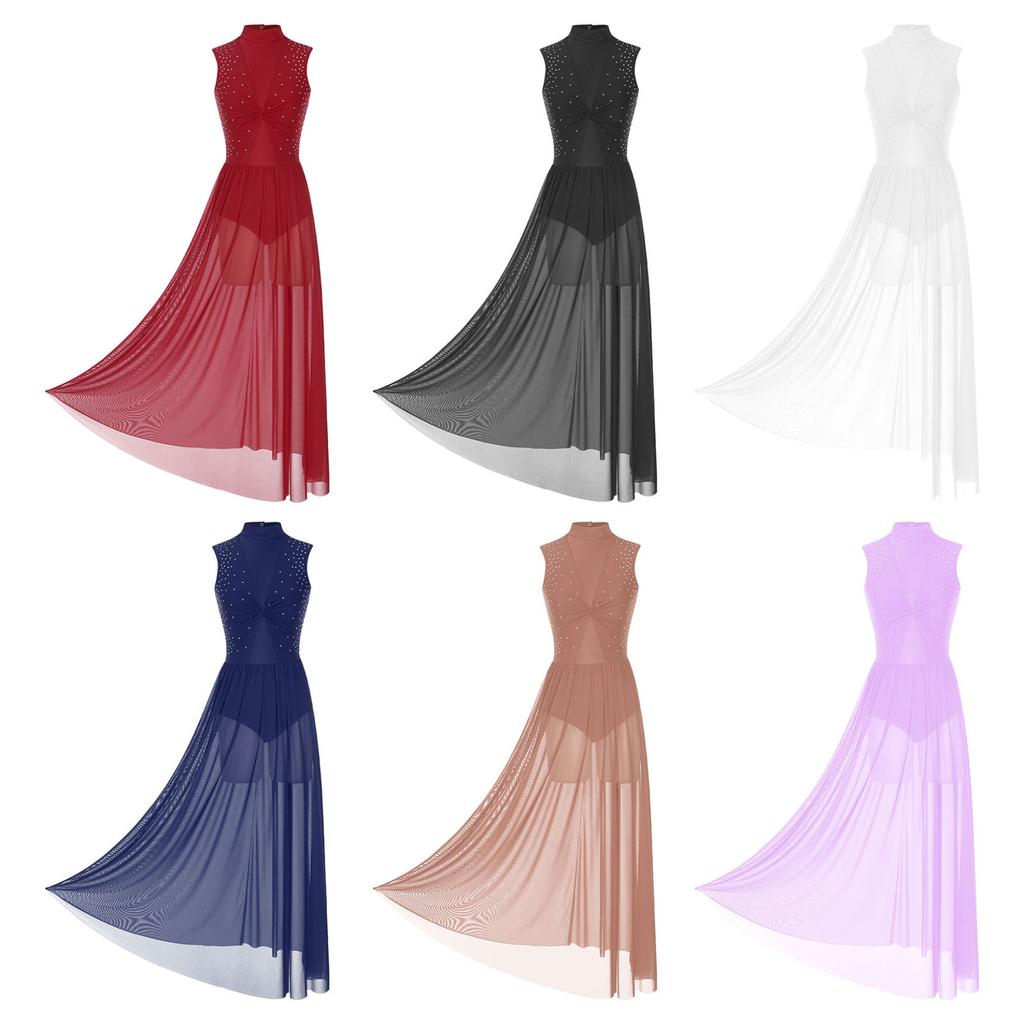 Women Long Dress Lyrical Modern Dance Sleeveless Open Back Twist Sheer Mesh Overlay Leotard Praise Liturgical Dancewear