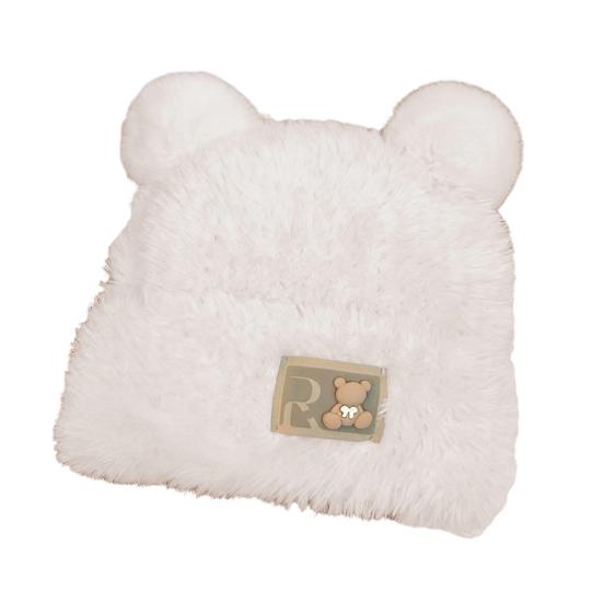 Women Knitted Hat Windproof Warm Solid Color Elastic Winter Hat Bear Ear Decor Cold Weather Plush Hat