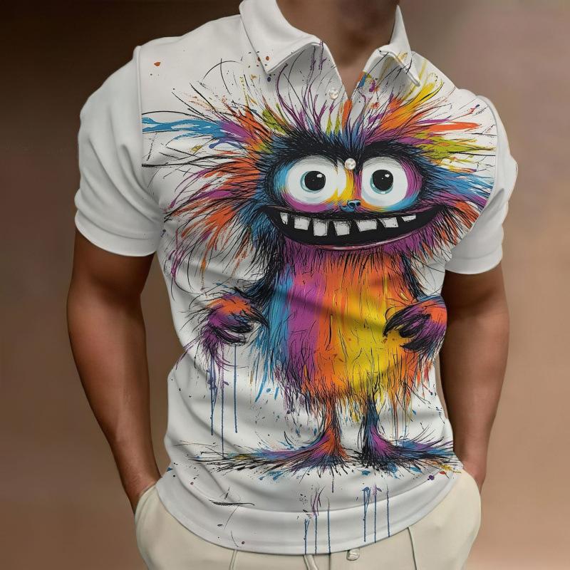 Men's summer short-sleeved polo shirt with a cute bear pattern, a fashionable and casual piece of men's clothing