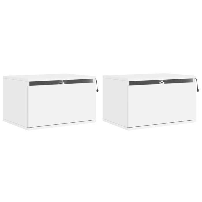 VidaXL Tables de Chevet Murales avec Lumières LED 2 pcs, Armoires de Nuit, Tables de Nuit Chambre, Moderne, Blanc Bois 836827
