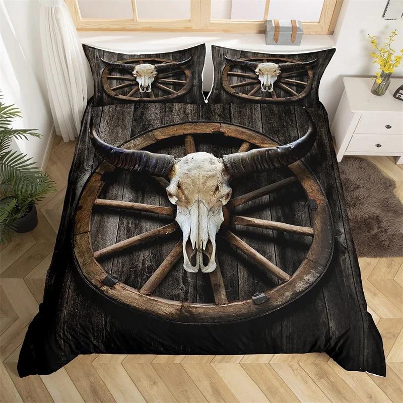 Пододеяльник с черепом быка King Western Cowboy Постельное белье Farmhouse Hat Shoes Покрывало из микрофибры Cactua Desert Покрывало из микрофибры