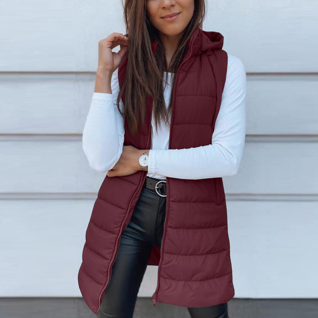 Women's Long Vest Plain Sleeveless Hood Winter Vest Outwear Jacket Lightweight Warm Coat Outerwear