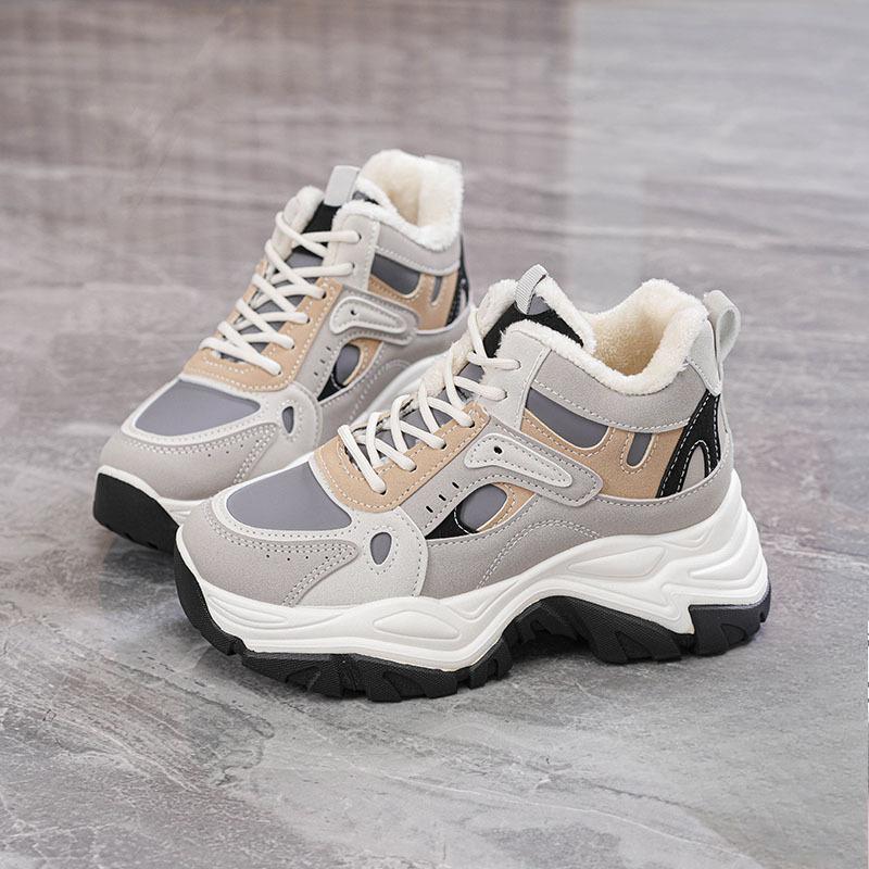 Женские зимние ботинки на толстой платформе, нескользящие, на шнуровке, короткие ботильоны, с подкладкой из искусственного меха, зимние теплые кроссовки для ходьбы с флисовой подкладкой для женщин
