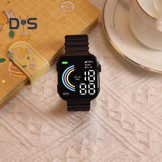 LED Electronic Watch Square Rainbow Dial Solid Color Soft Anti-slip Strap Adjustable Kids Students Casual Sports Digital Wristwatch Birthday Gift