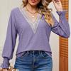 JKASHDK Women's Fashion Casual Summer Spring Solid Color Print Long Sleeve Lace V-Neck Blouses & Shirts Pullovers