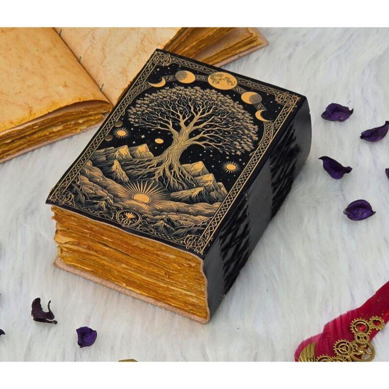 Celestial Tree of Life Journal Vintage Lock Diary with Moon Phases | Handmade Spellbook, Grimoire, Witchcraft Notebook, Book of Shadows