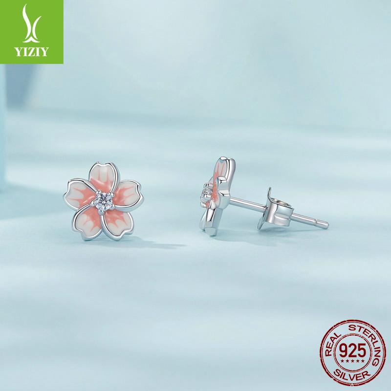 Pink Gradual Change Cherry Blossom Stud Earrings, Romantic Flower S925 Sterling Silver Exquisite Earrings Birthday Gift