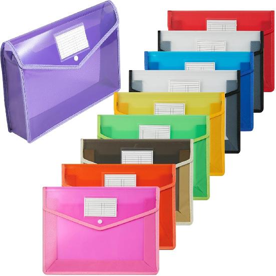 HOUYEE 10 Pieces Plastic Envelope Expanding File, Folder with Snap Closure and Pocket, Fit for US Letter Size & A4 Size,Waterproof Transparent File