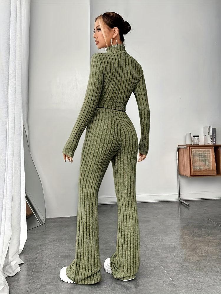 Solid Color Pit Stripe Long Sleeved Knitted Sweater Set Casual Sweater Suits Office Lady Outfits Sportwear 2 Piece Pant Sets