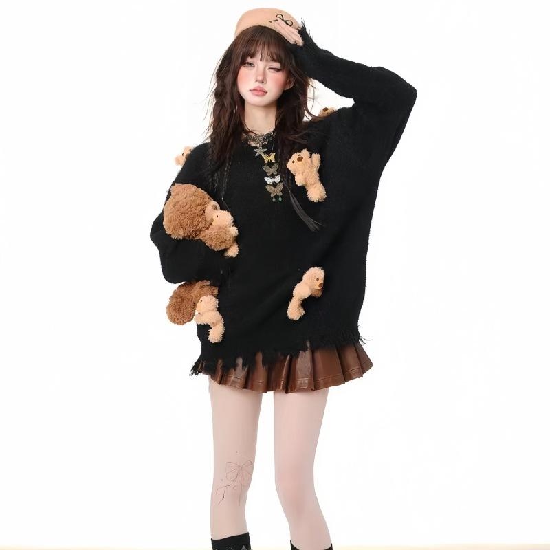 Милый и ленивый свитер женский с медвежьими аксессуарами, мягкий и восковой, осенне-зимний, свободный, с длинным рукавом, вязаный свитер-топ, женская одежда