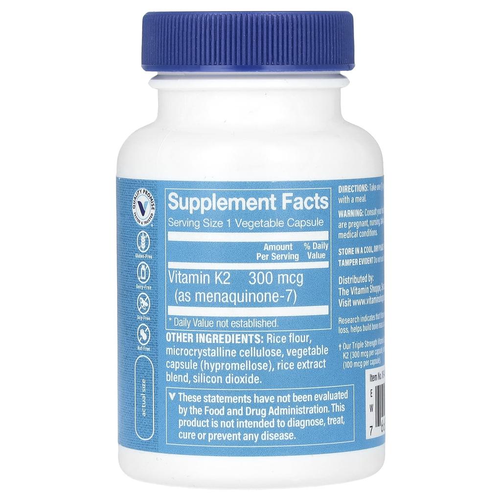 the Vitamin Shoppe Витамин K2, тройная сила, 300 мкг, 120 вегетарианских капсул