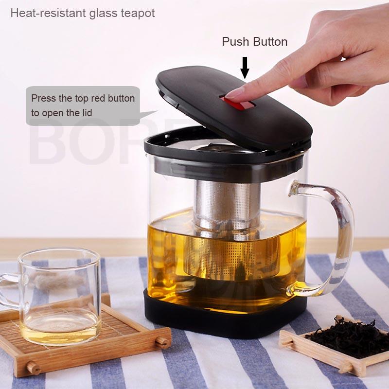 BORREY Clear Glass Teapot Teacup Set Heat Resistant Square Glass Teapot With Tea Infuser Puer Oolong Tea Kettle Office Tea Cup