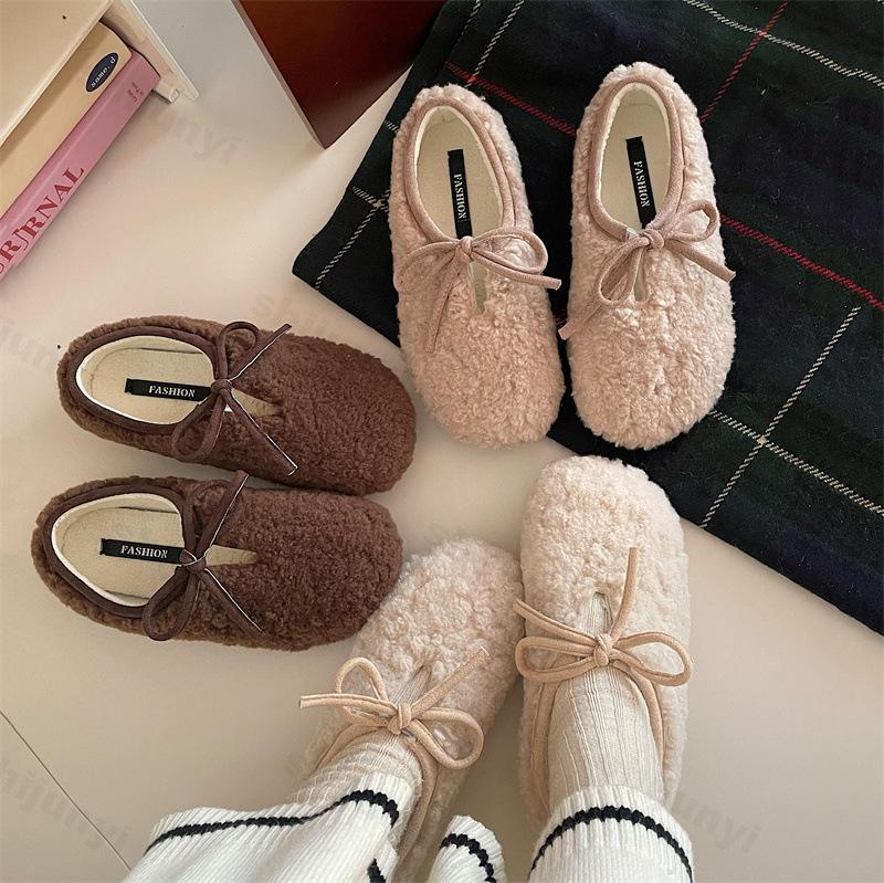 Женская теплая плюшевая обувь Зимняя Утолщенная Легкая Удобная Хлопковая обувь Модный Бант Нескользящая Мягкая подошва Туфли Мэри Джейн