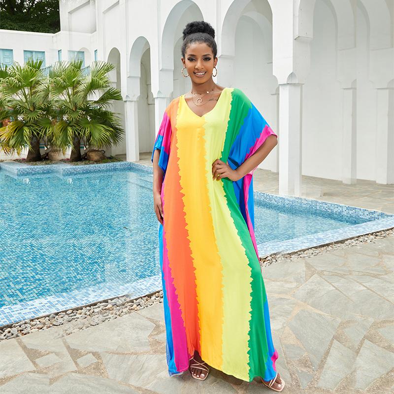 EDOLYNSA Plus Size Bathing Cover Up Boho Colorful Printed Kaftan Dress Bat Sleeve Long Tops Wedding Guest Dress Q1546