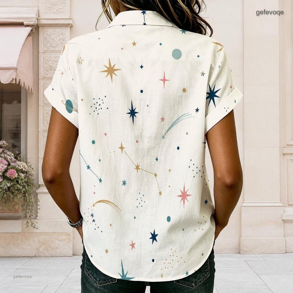 Women Plus Size Lapel Short Sleeve Top Celestial Star Moon Print Button Front Casual Summer Blouse
