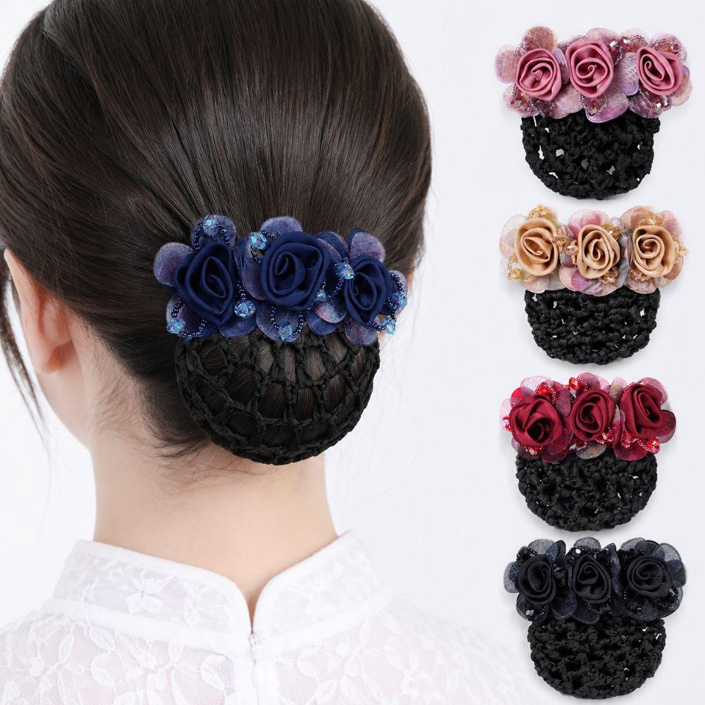 Updo Styling Tool Flower Hair Net with Spring Clip Net Pocket Headdress For Work Use