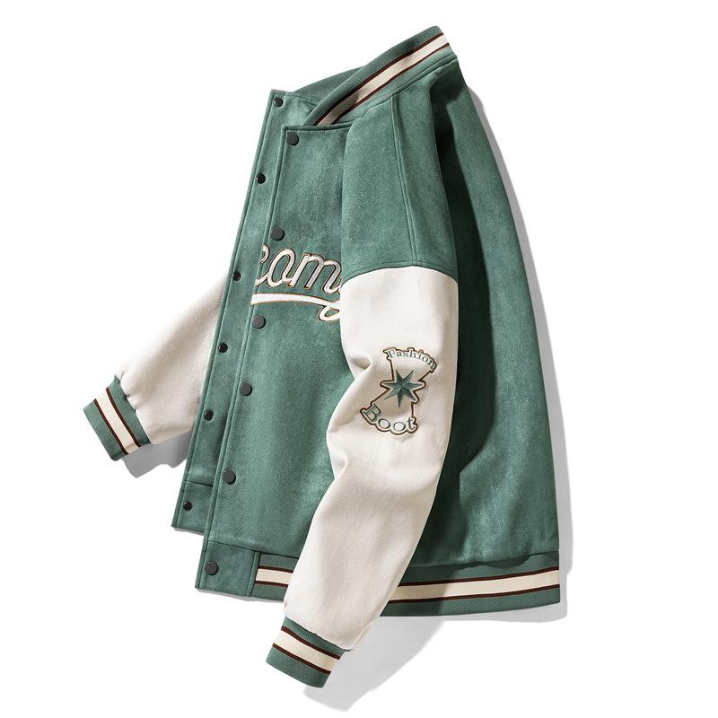 Embroidered Suede Men Spring Baseball Jacket Casual Harajuku Style Fashion Coat Outerwear for Daily Wear Streetwear