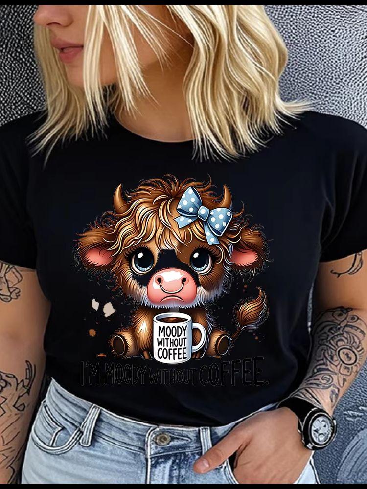 Women's Polyester 100% yak drinking tea Print T-shirt Loose round Neck Casual Short Sleeve Fashion Top Clothing Summer