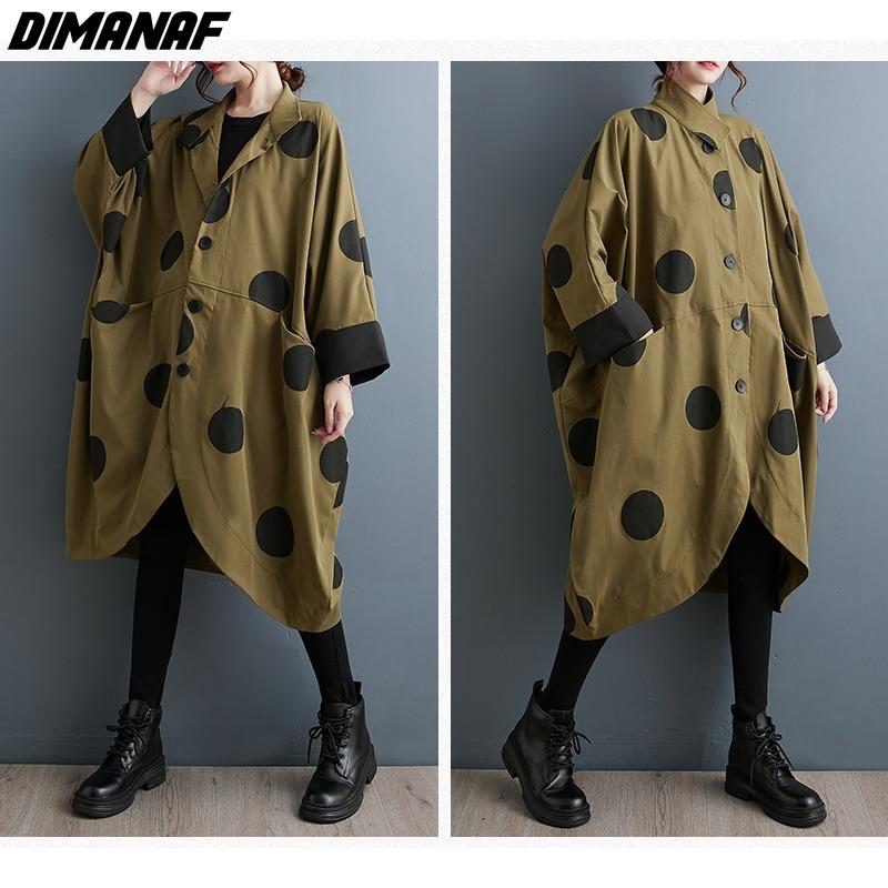 DIMANAF Большой размер Длинный тренч с винтажным принтом в горошек и рукавами «летучая мышь» на осень/зиму 2023