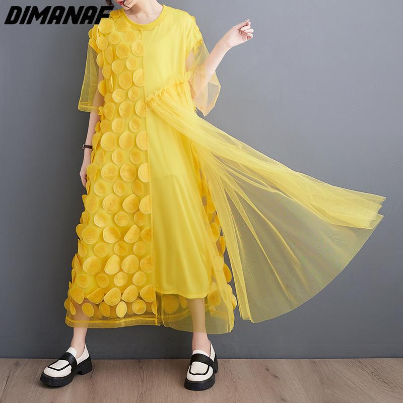 Dimanaf Dress Women 2025 New Plus Size Summer Style Mesh Short Sleeve Chiffon Oversize Solid Loose Basic Dresses Yellow A