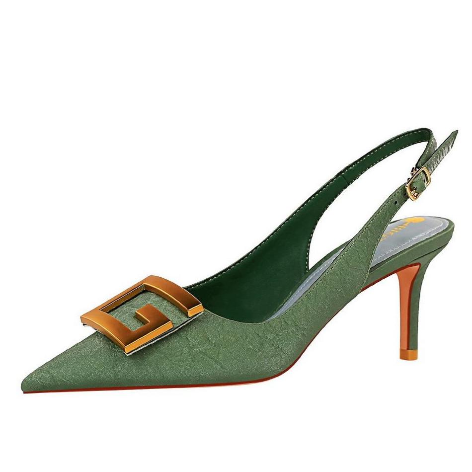 Bigtree European and American Style Banquet Women's Shoes Fine Heel 7cm High Heel Pointed Hollow Metal Square Buckle Single Shoes