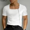 Мужские приталенные укороченные футболки с коротким рукавом, квадратным вырезом и застежкой-молнией