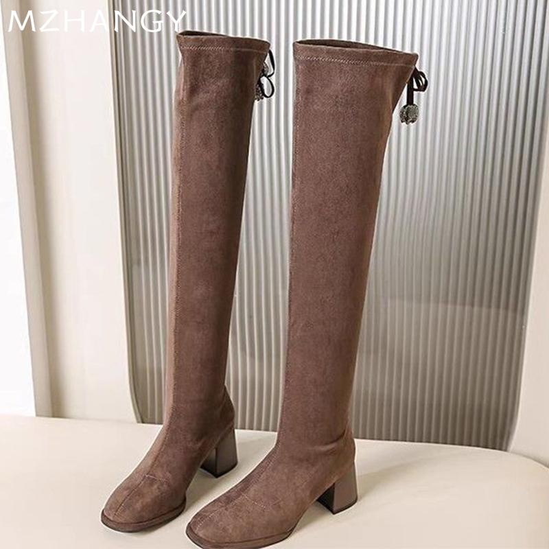 Модные женские замшевые высокие сапоги сексуальные туфли на среднем каблуке выше колена элегантные туфли женские 2025 трендовые зимние туфли-лодочки модные новые женские ботинки челси