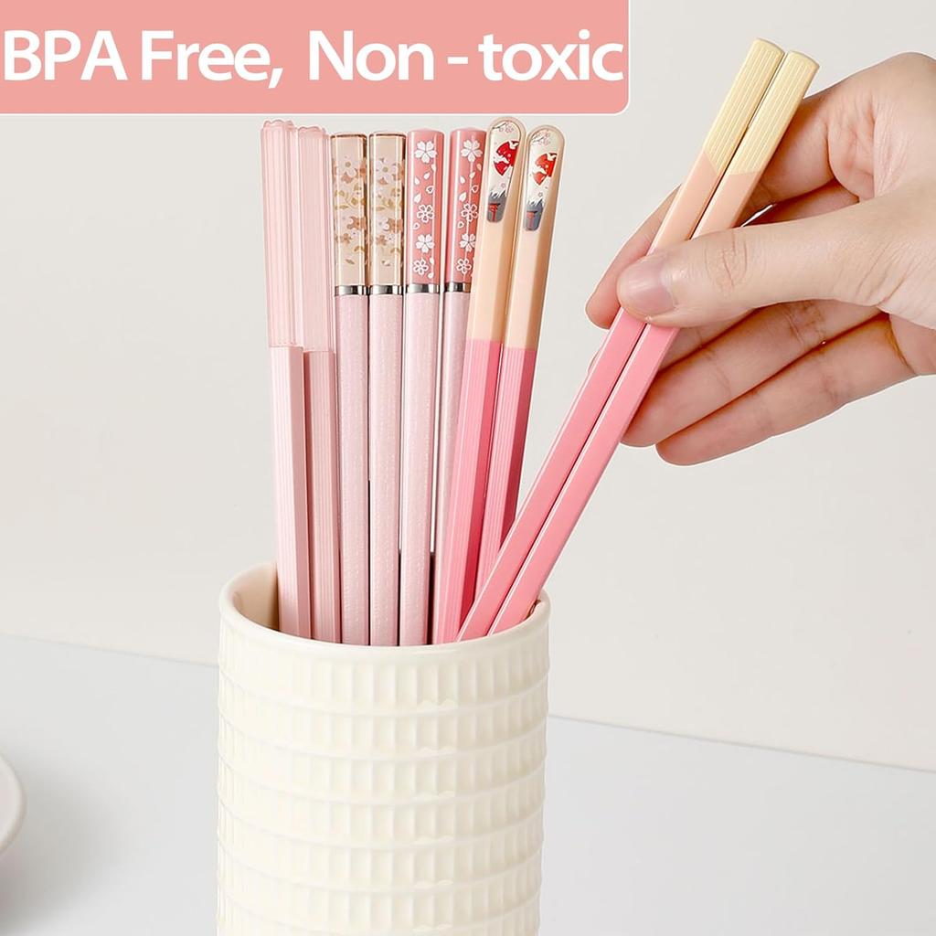 Chopsticks Reble Dishwasher Safe, 9.57 inches Pink Non-slip Lightweight Fiberglass Chop Sticks, Asian Cuisine Japanese Chinese Chopstick Gift Set, 5